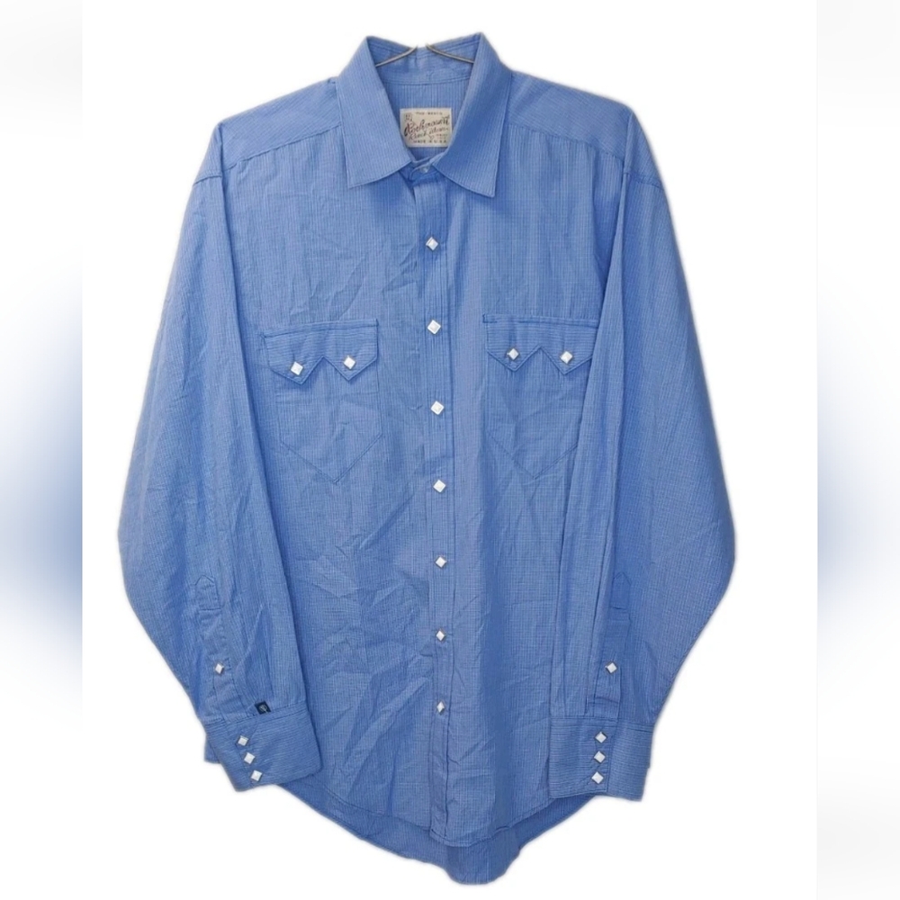 Rockmount Ranch Diamond Pearl Snap Shirt Lg Blue Western USA Rockabilly Sawtooth